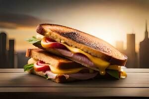 ham and cheese sandwich on wooden table with cityscape background. AI-Generated photo