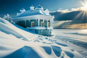 un casa cubierto en nieve en un Nevado colina. generado por ai foto