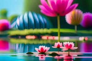 pink lotus flowers floating in a pond with a colorful background. AI-Generated photo