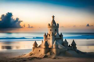 un arena castillo en el playa a puesta de sol. generado por ai foto