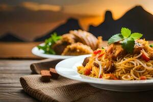 chinese food with noodles and vegetables on a wooden table. AI-Generated photo