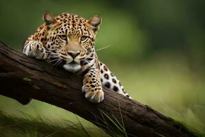 a leopard is resting on a branch in the grass. AI-Generated photo