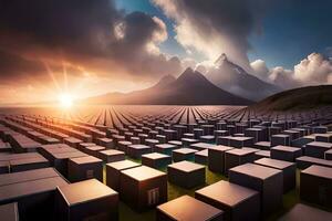 a large field of boxes in front of a mountain. AI-Generated photo