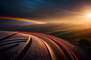 un arco iris es visto terminado un autopista a puesta de sol. generado por ai foto