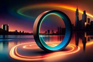 a ring with a colorful light trail in front of a city. AI-Generated photo