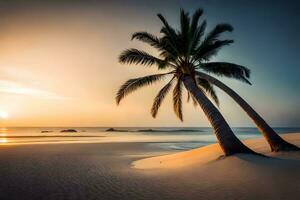 a palm tree stands on the beach at sunset. AI-Generated photo