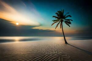 a lone palm tree stands on the beach at sunset. AI-Generated photo