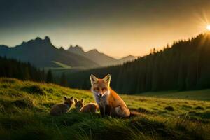 un zorro y su cachorros en el montañas a puesta de sol. generado por ai foto