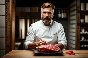 un hombre en un blanco camisa es corte arriba un pedazo de carne. generado por ai foto