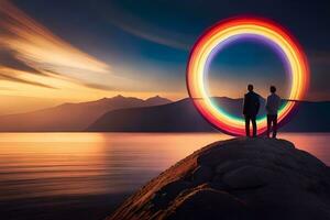 dos personas en pie en un rock con un arco iris anillo alrededor a ellos. generado por ai foto