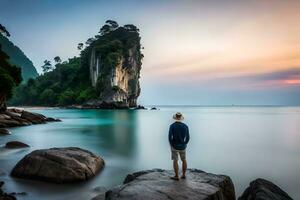 a man standing on rocks looking at the ocean at sunset. AI-Generated photo