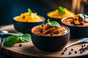 indian curry with chicken and rice in bowls on a wooden table. AI-Generated photo