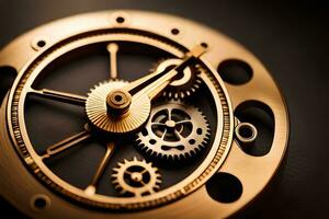 a close up of a gold watch with gears. AI-Generated photo