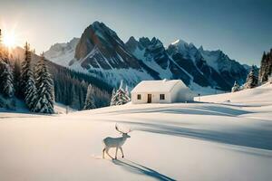 a deer stands in front of a cabin in the snow. AI-Generated photo
