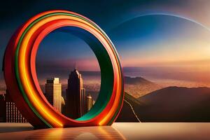 a colorful ring with a city in the background. AI-Generated photo