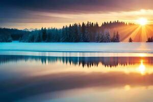 the sun rises over a snowy lake in winter. AI-Generated photo