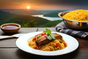 pollo y tallarines en un plato con un cuenco de arroz y un cuenco de vegetales en una. generado por ai foto