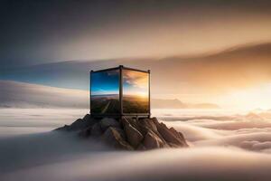 a cube sitting on top of a mountain with clouds. AI-Generated photo