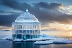 un pequeño edificio en parte superior de un hielo témpano de hielo. generado por ai foto