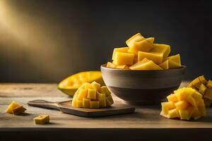 mango cubes in a bowl on a wooden table. AI-Generated photo