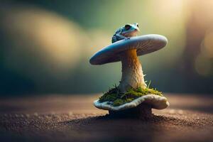 a frog sits on top of a mushroom. AI-Generated photo