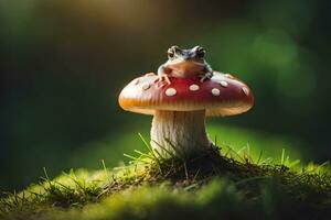 a frog sits on top of a mushroom. AI-Generated photo