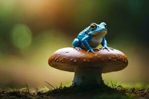 a blue frog sits on top of a mushroom. AI-Generated photo