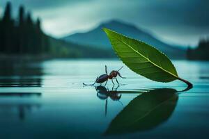 a leaf and ant on the water in front of a mountain. AI-Generated photo