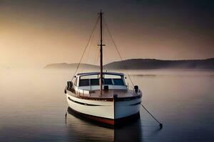 a boat is docked in the water at sunrise. AI-Generated photo