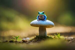 a frog sits on top of a mushroom in the forest. AI-Generated photo