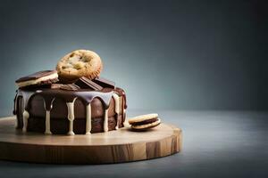 chocolate pastel con galletas y crema en un de madera tablero. generado por ai foto