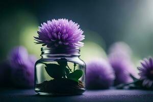 púrpura flores en un vaso tarro en un oscuro mesa. generado por ai foto