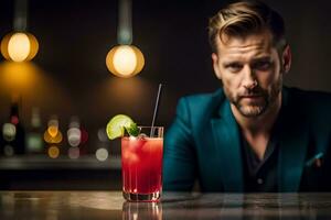 un hombre en un traje es sentado a un bar con un beber. generado por ai foto