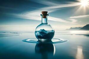 an empty bottle with ice floating in it. AI-Generated photo