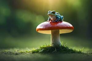 a frog sits on top of a mushroom. AI-Generated photo