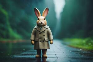 a rabbit wearing a trench coat standing on a wet road. AI-Generated photo