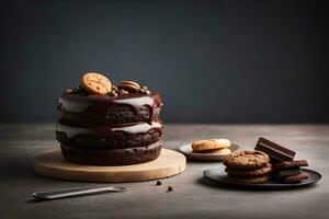 chocolate cake with cookies and chocolate frosting on a wooden table. AI-Generated photo