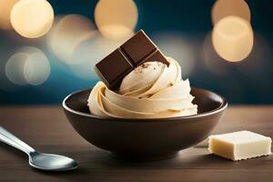 ice cream with chocolate and ice cream on a wooden table. AI-Generated photo