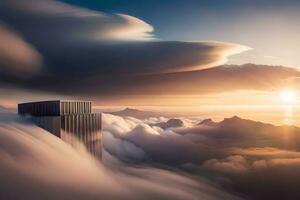 un edificio es visto en el nubes encima el nubes generado por ai foto