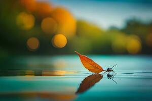 a leaf on the water with a bug in the background. AI-Generated photo