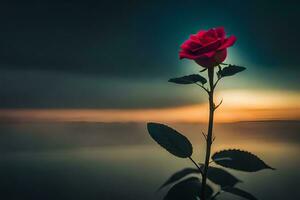 a single red rose is standing in front of a lake. AI-Generated photo