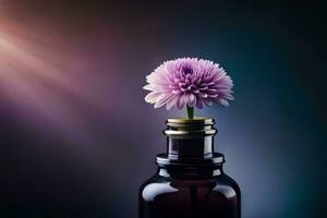 a bottle with a purple flower in it. AI-Generated photo