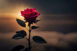 a single red rose is shown in front of the sun. AI-Generated photo