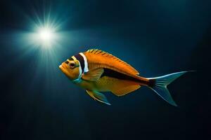 an orange fish with a bright light shining on it. AI-Generated photo