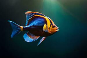 an orange and blue fish swimming in the dark. AI-Generated photo