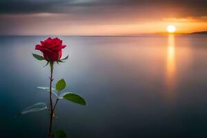 a single red rose stands in front of the ocean at sunset. AI-Generated photo