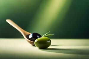 olives on a wooden spoon with green light. AI-Generated photo