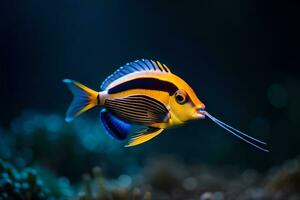 un amarillo y negro pescado con un largo cola. generado por ai foto