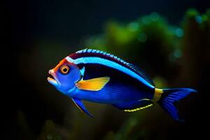 un azul y amarillo pescado con un negro antecedentes. generado por ai foto