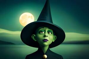 the witch is wearing a green hat and purple makeup. AI-Generated photo